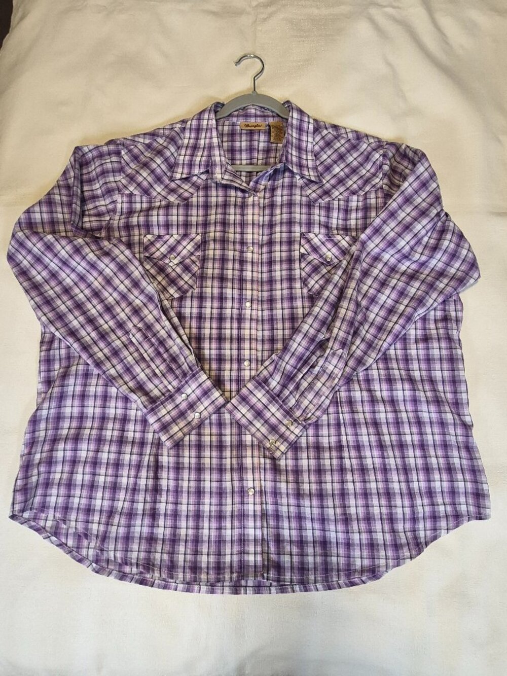 Wrangler Western shirt Womens Sz 2XL plaid lavender white pearl snaps cowgirl